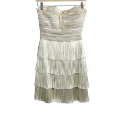 PatBo Strapless Crochet Fringe Tiered Metallic Trim Mini Dress Boho White Size 6
