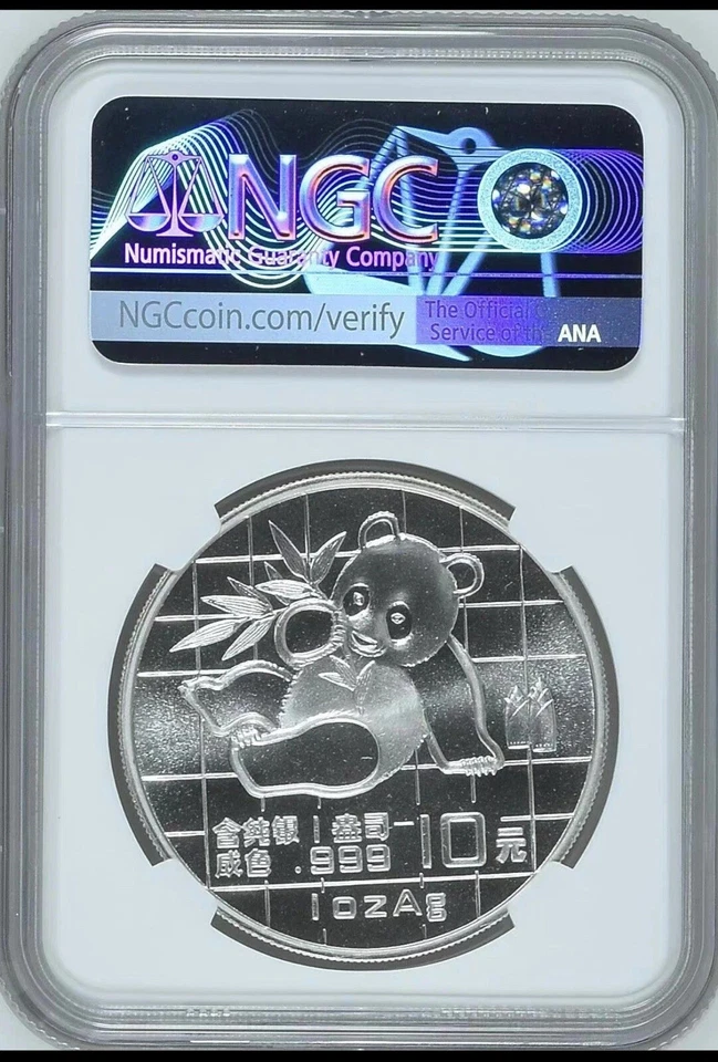 Moneda Panda Plata Error Como Nueva NGC MS69 1989 1 OZ Acuñada a través de S10Y Rara Foto 2 de 3