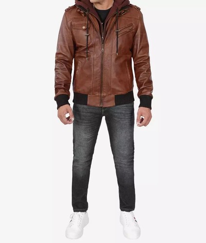 Men's Removable Hood Moto Biker Racer Bomber Real Sheepskin Brown Leather Jacket - Picture 7 of 9