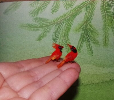 TWO Red Cardinal birds MADE ORDER OOAK 1:12 Miniature Dollhouse handmade realist