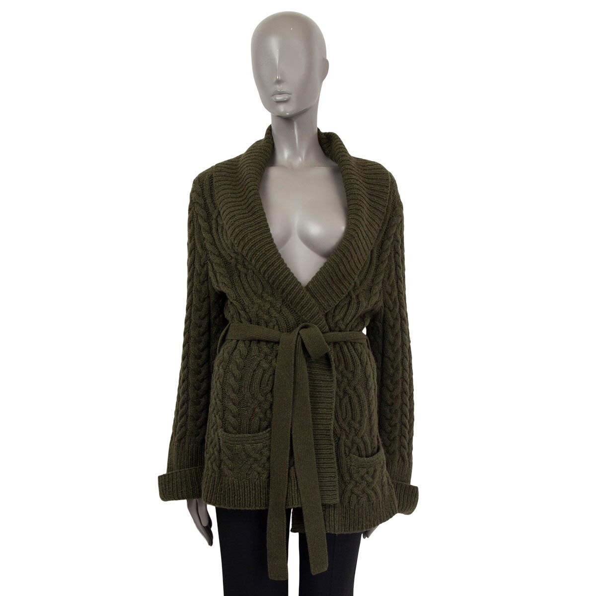 67612 auth RALPH LAUREN olive green cashmere CABLE KNIT Cardigan