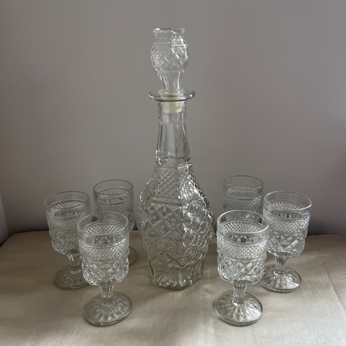 Vintage Anchor Hocking Wexford Decanter Set 6 Goblets Lead Free