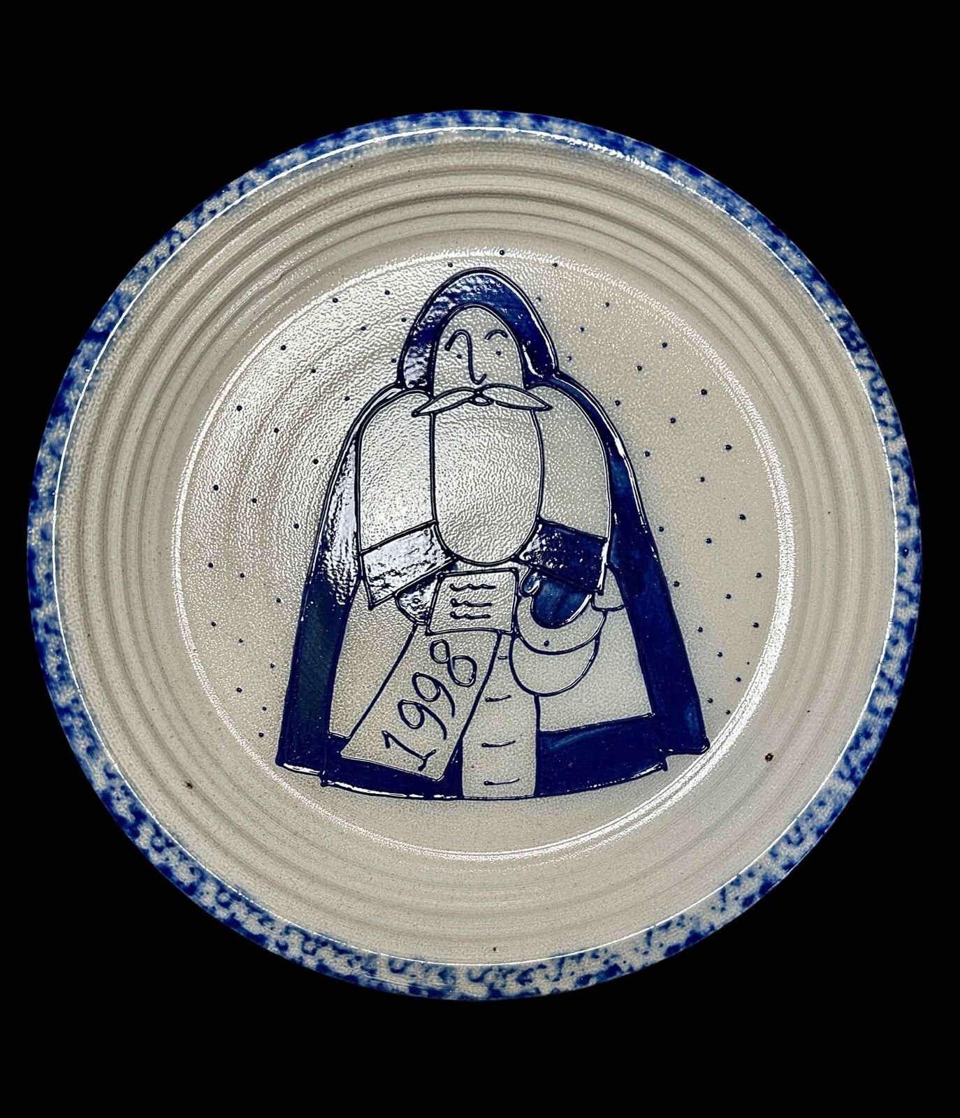1998 Signed Eldreth Pottery Cobalt Salt Glaze Santa Pie Plate