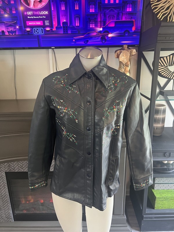 Faux 70’s Style Leather Jacket with Embroidered Flower B1 Size 11/12