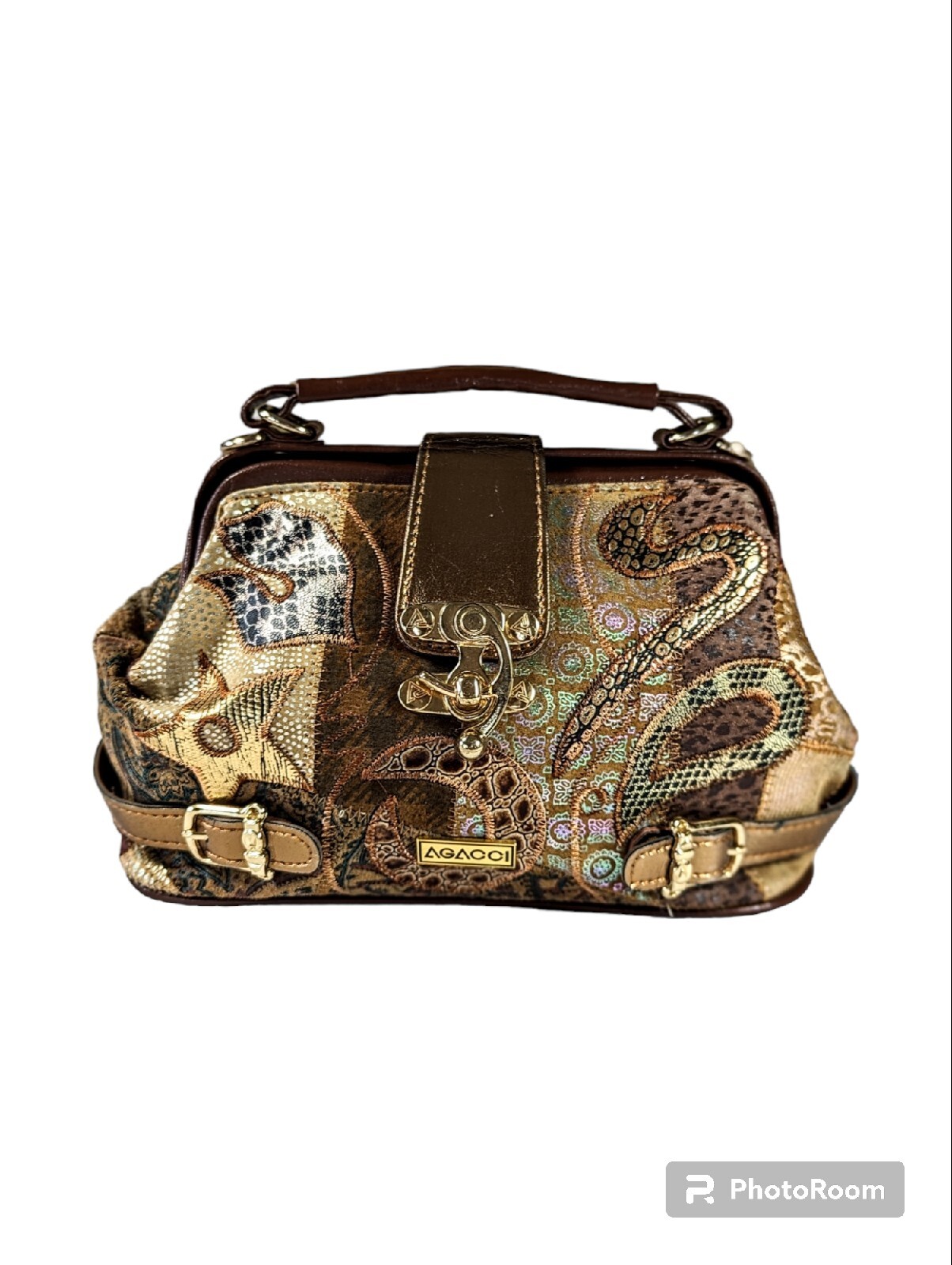 Vintage AGACCI Metallic Leather Patchwork Satchel… - image 1