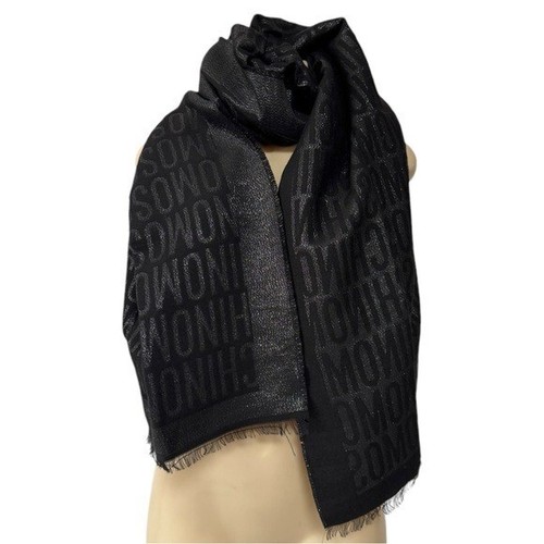 Moschino Classic Black Monogram Scarf Silver Metallic All Over Print Logo Fringe - Picture 2 of 8