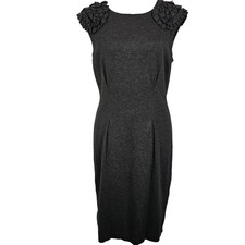 Trina Turk Sheath Dress Womens 6 Charcoal Grey Ruffle Shoulder Career Workwear