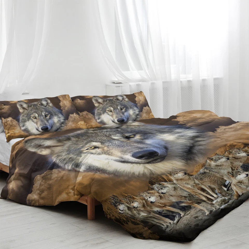 3PCS Queen King Size Duvet Cover Set Indian Native Theme Wolf Soft Bedding Set - Image 4 of 4
