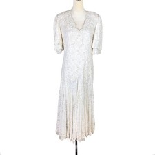 Vintage Laurence Kazar Sz 12 Full Length Pearl Beaded Lacy V Neck Wedding Dress