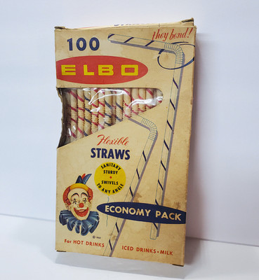 Vintage CARNIVAL ELBO Bendable Straws Almost Full 100 Ct Box Original Box CLOWN