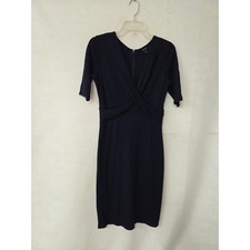 Ann Taylor Sheath Dress Women 0 Navy Blue Surplice V-Neck Elbow Sleeve 70068-096