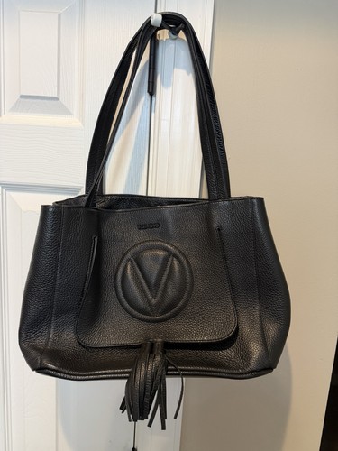 Valentino by Mario Valentino Black Pebbled Leather Tote Bag Embossed Logo Tassel