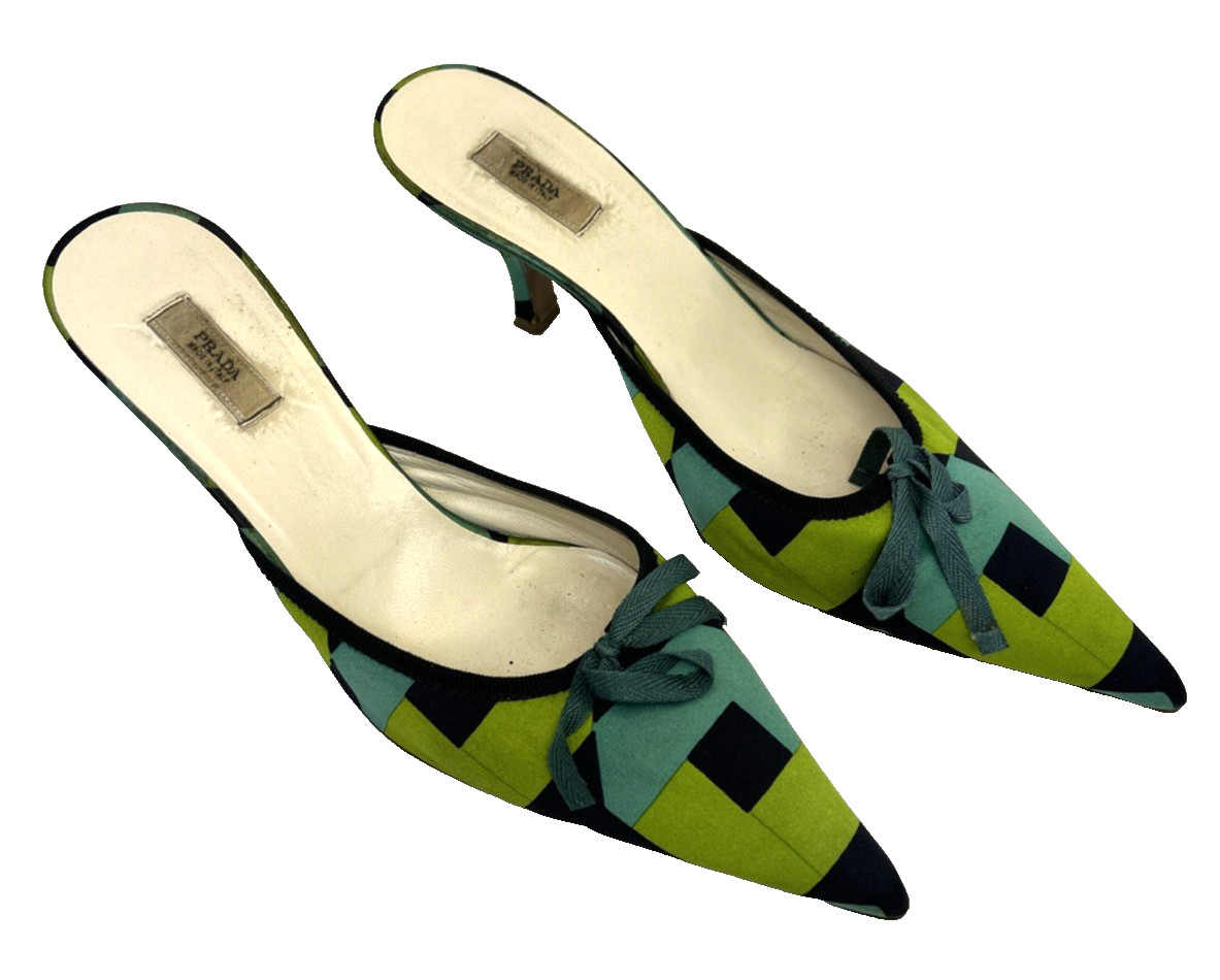 VTG Prada Mules Sz 35.5 Satin Geometric Blue Green Kitten Heels Bow Accent RARE!