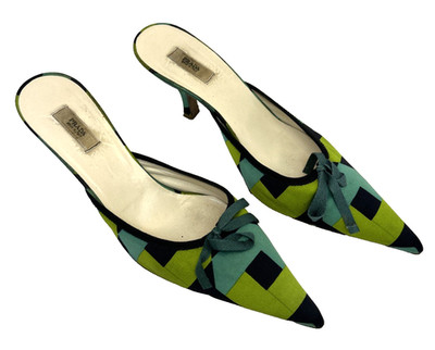VTG Prada Mules Sz 35.5 Satin Geometric Blue Green Kitten Heels Bow Accent RARE!