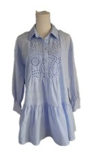 ZARA Embroidered Mini Popover Shirt Dress Eyelet Neckline Light Blue Size Small