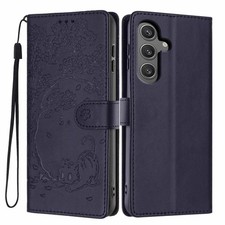 Dunkelblaue vegane Ledertasche mit Katzen- und Baummotiv für Samsung Galaxy