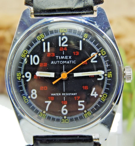 Rare Vintage Timex automatic watch with black 24 hour dial Clean 4 parts/repair