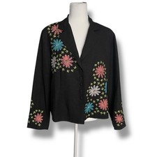 Vintage 90s Carole Little Silk Embroidered Floral Cropped Blazer Jacket Size XL
