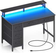 Computer Desk with Power Outlets  LED Light, 39 inch Home Office Desk with 5 D