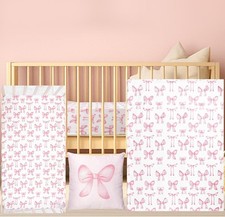 Baby Pink Bow Crib Bedding Set 3 Pcs Crib Set Baby Blanket, Fitted Sheet,