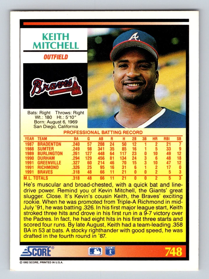 1992 Score - Keith Mitchell #748 Rookie Prospect on front - Image 2 of 2