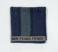 FENDI Men Scarf Handkerchief Cotton Navy Logo Medallion Pocket Suit Square 17  