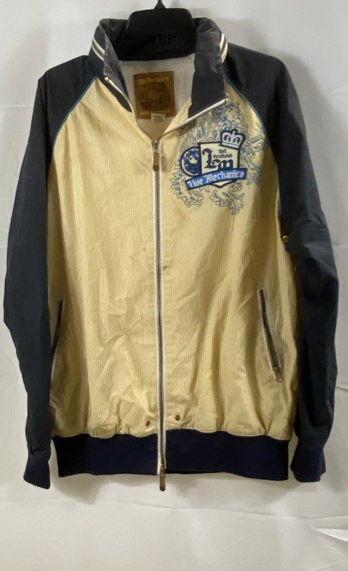 Vintage Y2K Live Mechanics Men's Yellow Navy Striped Streetwear Jacket Sz L