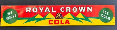 SCARCE ORIGINAL 1940S ROYAL CROWN COLA TIN SIGN WE SERVE RC COLA ICE COLD
