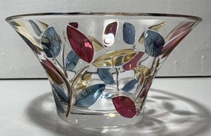 Small Clear Candy Bowl Dish  Yellow Blue Red leaves Stems Art Centerpiece Round