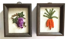 JIFFY STITCHERY 2 pc Framed Complete Crewel GRAPES & CARROTS Vintage DECOR 5x6