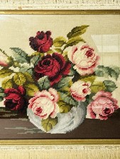 Roses in Bowl Needlepoint Framed Cross Stitch Cottagecore Vintage