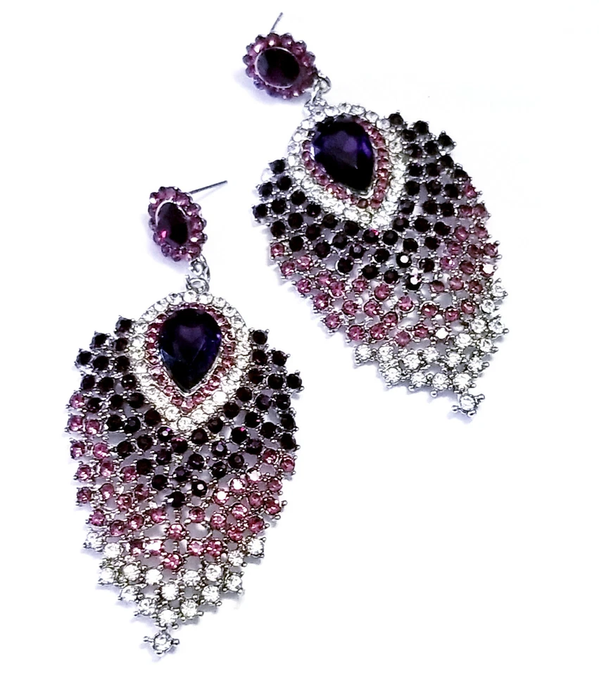 Purple Peacock Feather Chandelier Earrings Rhinestone Austrian Crystal 3.1 in - Image 3 of 4
