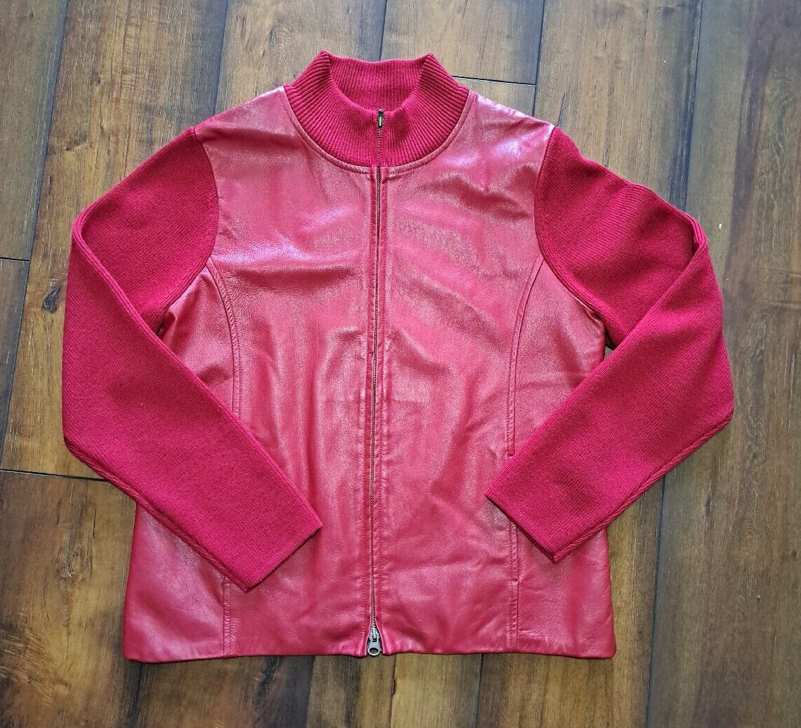 Pendleton Red Leather Sweater Jacket Zip Front Kn… - image 2
