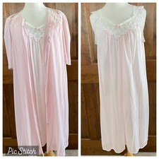 Vtg Lorraine Pink Nylon Peignoir Sleeveless Nightgown S/S Robe Set Sz Med USA