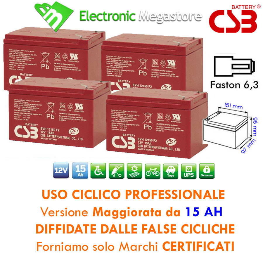 BATTERIA AL PIOMBO 48V 15Ah RICARICABILE PER BICI ELETTRICA 4pz x 12V BC1428-00