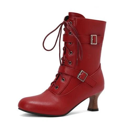 Womens Chic Shoes Round Toe Lace Up Buckle Straps Mid Heel Ankle Boots - Picture 17 of 31