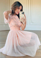 JessaKae Women Size XXS Memory Lane Dress Sequined Peach / Pink Sheer Princess