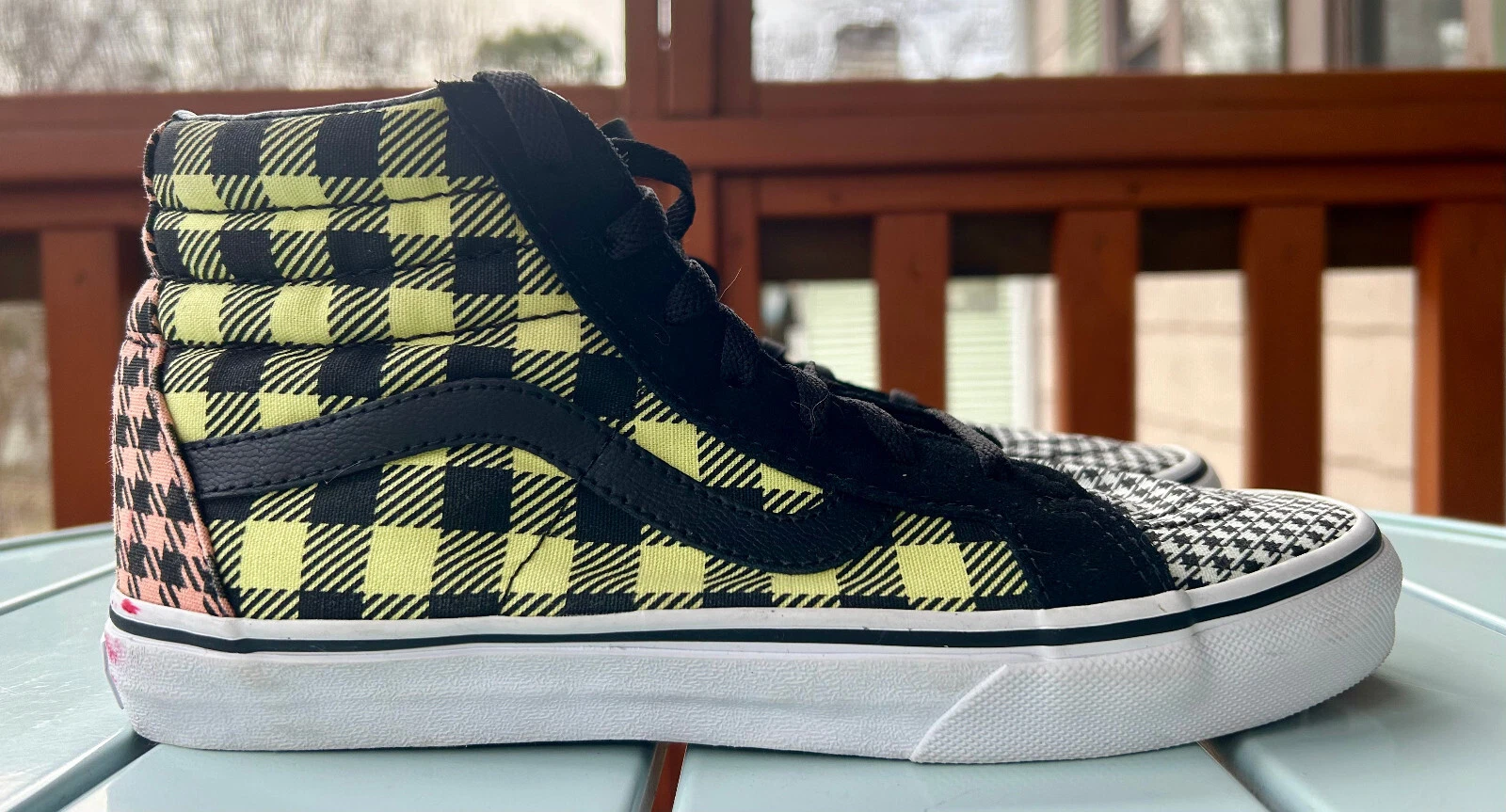 Scarpe da ginnastica a scacchiera Vans Sk8 Hi Neon giallo pastello rosa bambini taglia 6 5