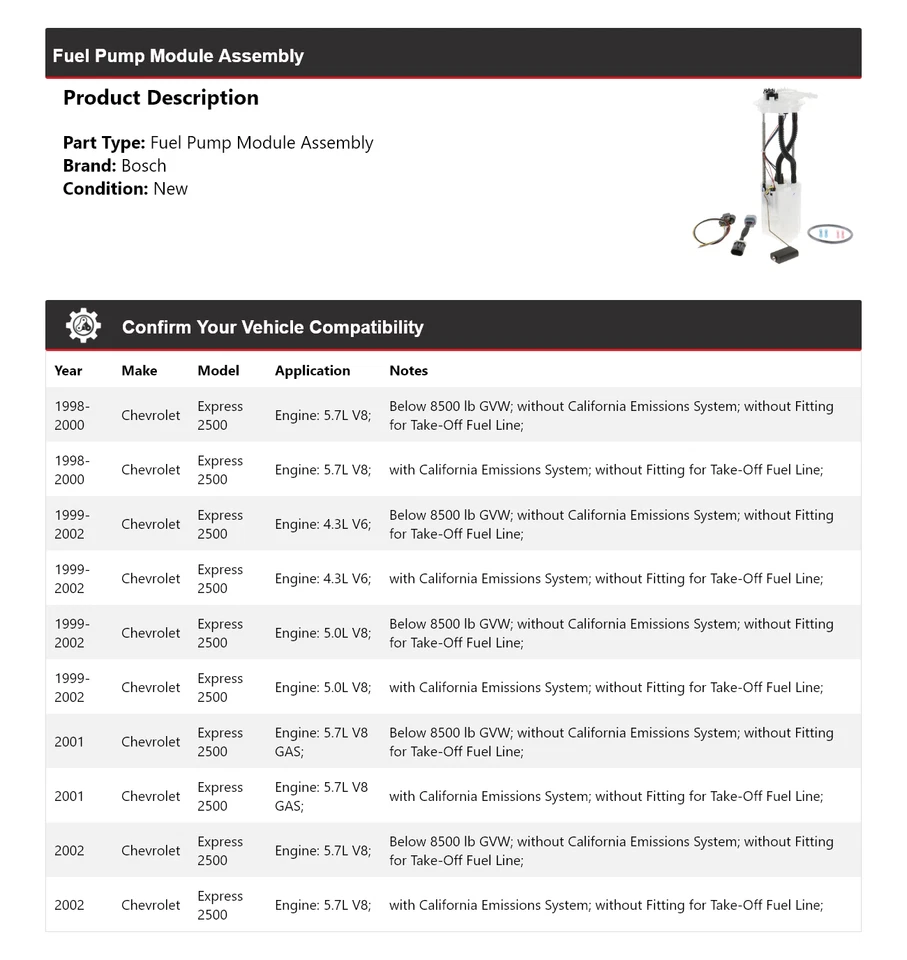 Conjunto de módulo de bomba de combustible Bosch para Chevrolet Express 2500 1998-2002 1999 2000 Foto 2 de 4