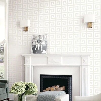 Contemporary Geometric off white flocked greek key textured geo wallpaper rolls