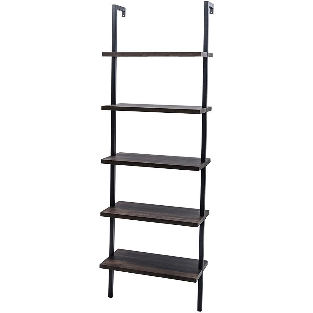 FCH 5-Tier Industrial Ladder Bookcase - Dark Walnut & Black Metal Frame Modern Shelf