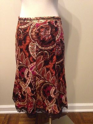 The Limited Brown Pink Orange Paisley 100% Silk Skirt Lace