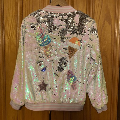 Sz 14 LOLA+ THE BOYS Ice Cream Sequin Bomber Jacket Girls Fleece Lined Shimmer - Picture 6 of 6