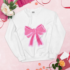 Women's Crewneck Sweatshirt - Glitter Pink Bow - Pretty and Cute Long Sleeve To