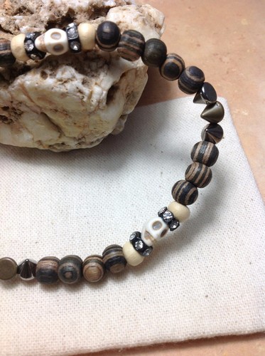 Howlite Skull Gemstone Wood Ankle Bracelet/Anklet W/Swarovski Elements USA - Picture 3 of 4