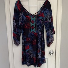 ROXY Embroidered Floral Tropical A-Line Dress 3/4 Bell Sleeve Short Multicolor M