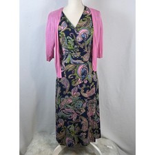 Talbots Dress Set Womens 10 Navy Pink Paisley Midi Faux Wrap Excellent