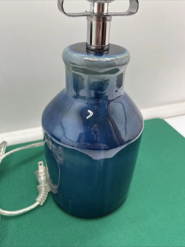Vintage Blue Glazed Pottery Table Lamp Night Light 11” Tall - Image 3 of 4