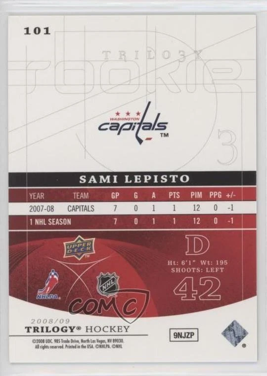 2008-09 Upper Deck Trilogy Rookie Premieres /999 Sami Lepisto #101 Rookie RC - Image 2 of 2