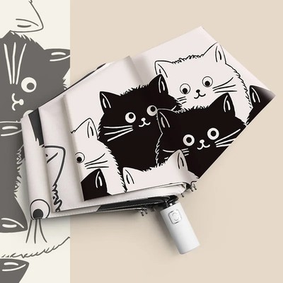 Automatic Folding Umbrella Kids Cat Print UV Protection Rain Sun Outdoor